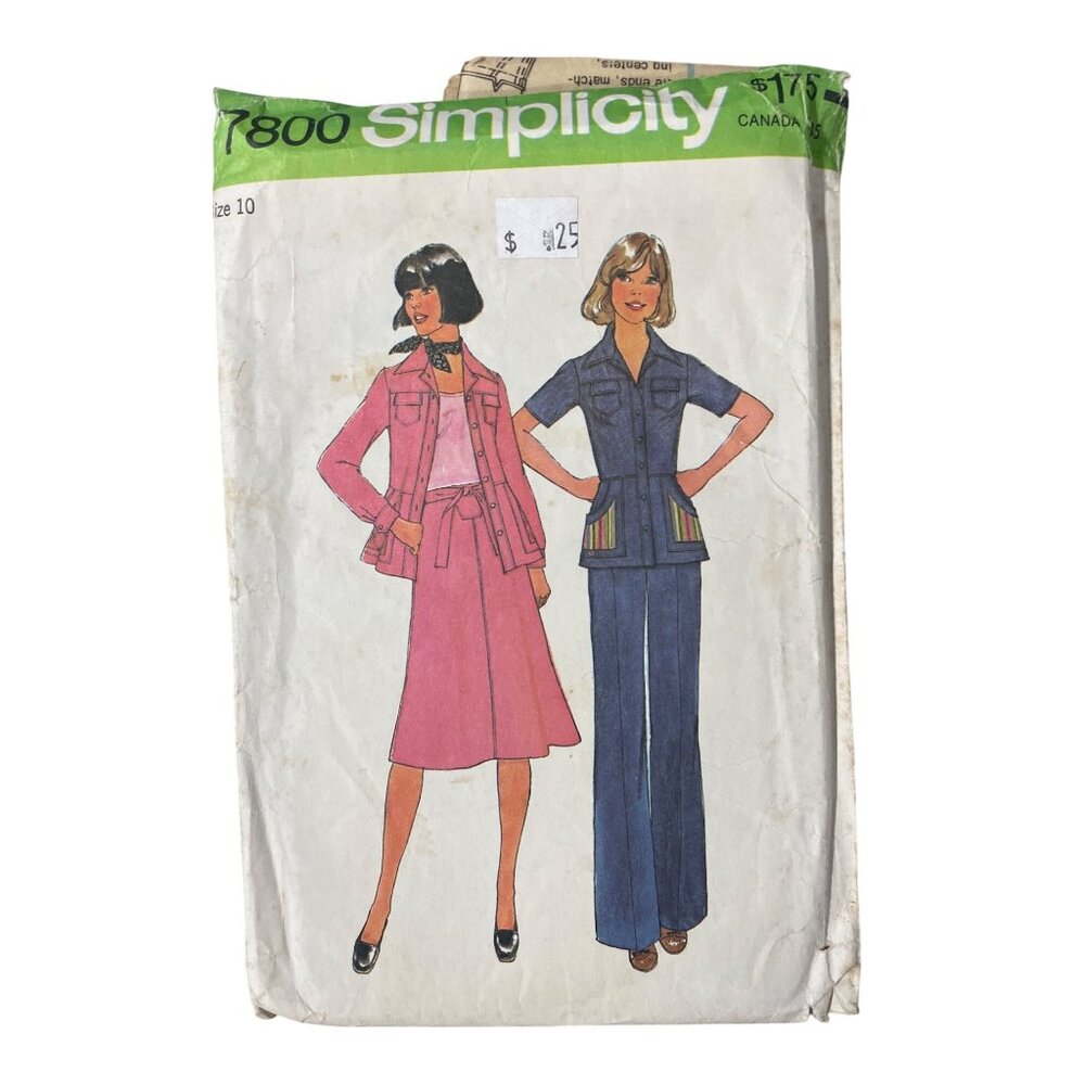 70s Simplicity 7800 Sewing Pattern Size 10 Shirt Jacket Pants & Wrap Skirt UNCUT